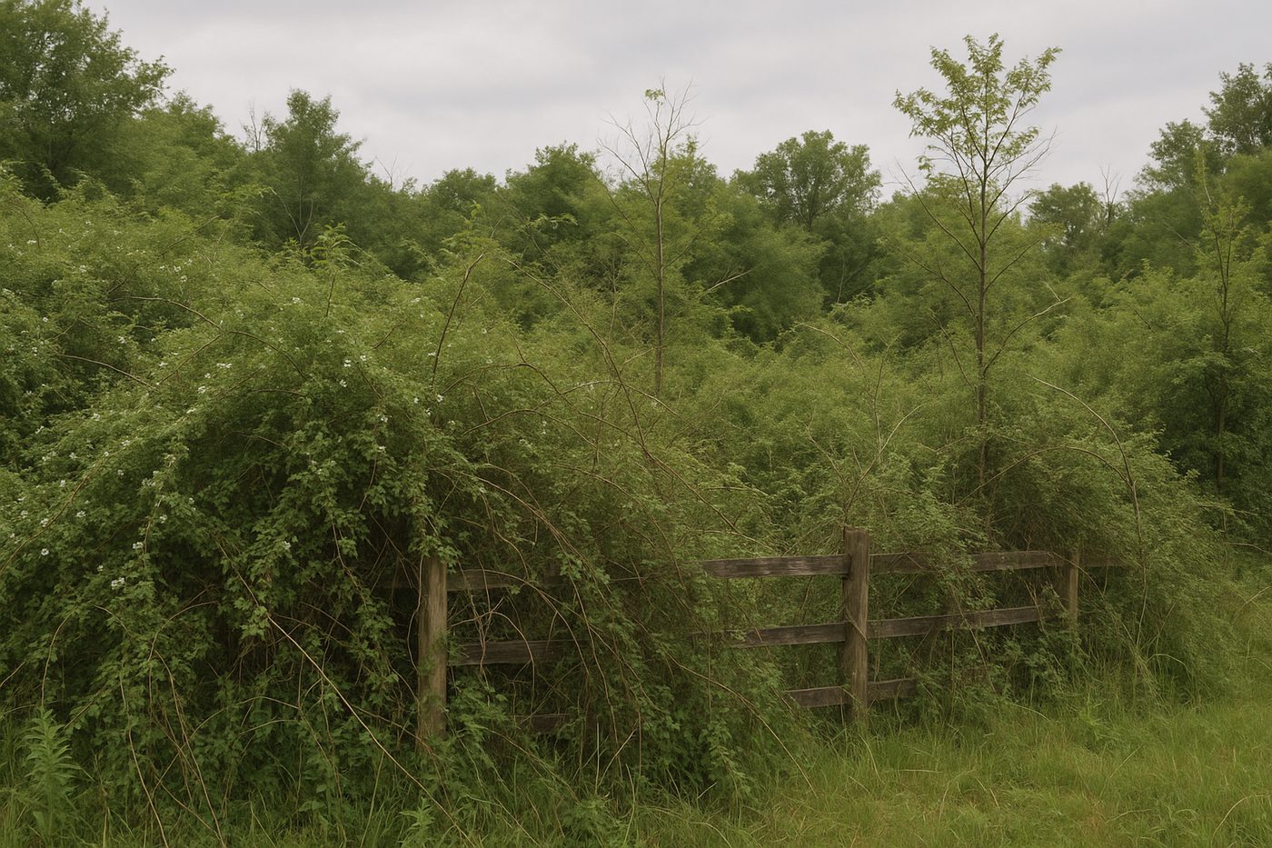 Overgrown fence line before mulching