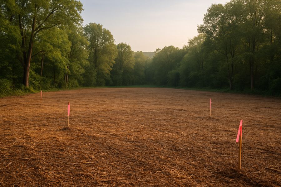 Cleanly cleared building lot with survey stakes