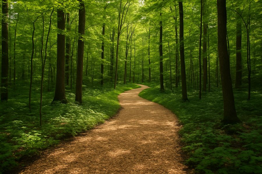 Freshly cut wood-chip trail through hardwoods